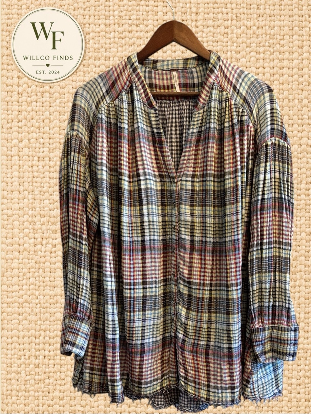 Free People Women’s Plaid Oversized Tunic Blouse Raw Hem Size M